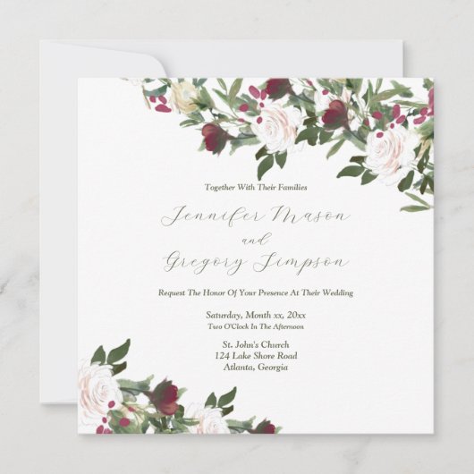 Trouw Waterverf Witte Rozen Cranberry Bloemen Kaart (Voorkant)