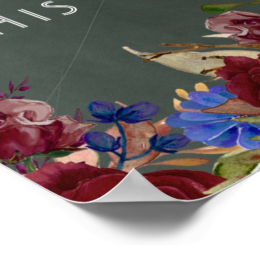 Trouw Welkom Bord Burgundy Blauwe Bloemen Poster (Hoek)