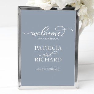 Trouw Welkom Bord Chic Script Stof Blauw Poster