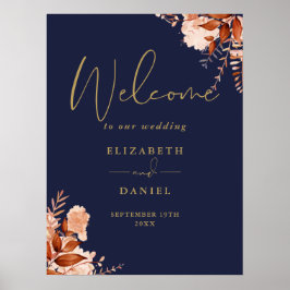 Trouw welkom bord met bloemen in navy en goud rust poster