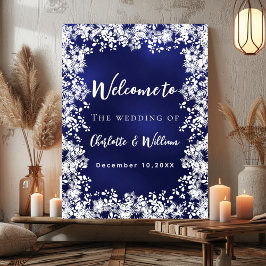 Trouw welkom bord met marineblauwe sneeuwvlokken poster