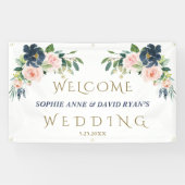 Trouw Welkom Bord met Navy Blauwe Bloemen Spandoek (Horizontaal)