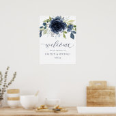 Trouw Welkom Bord Navy Blauwe Waterverf Bloemen Poster (Keuken)