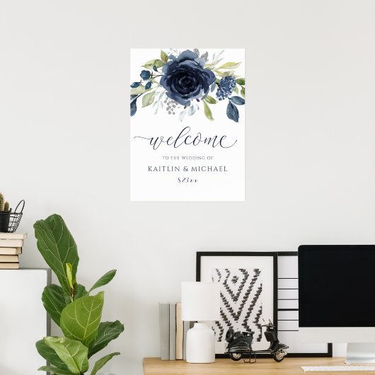 Trouw Welkom Bord Navy Blauwe Waterverf Bloemen Poster (Thuiskantoor)