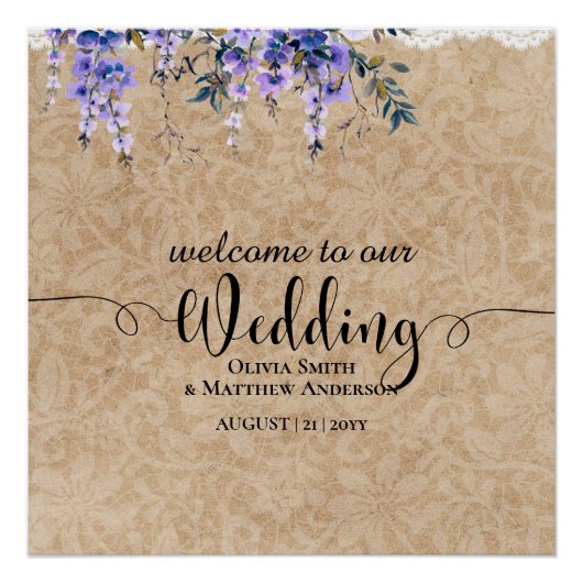 Trouw Welkom Bord Paarse Wisteria Kant Perfect Poster (Voorkant)