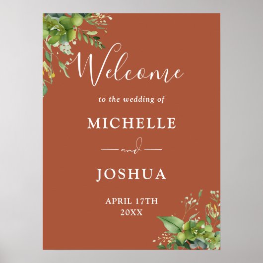 Trouw welkom bord van terracotta met eucalyptus bl poster (Voorkant)