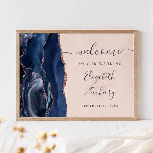 Trouw Welkom in Navy Blauwe Roze Gouden Agaat Blus Poster