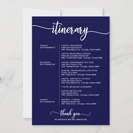 Trouw Welkom Itinerariumbbrief in Navy Blauw Kaart (Achterkant)