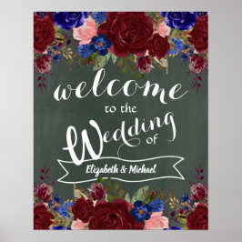 Trouw welkomstbord bordeauxblauw bloemmotief poster