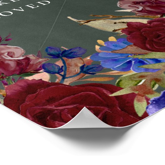 Trouw Welkomstbord Burgundy Blauwe Bloemen Poster (Hoek)