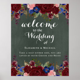 Trouw Welkomstbord Burgundy Blauwe Bloemen Poster