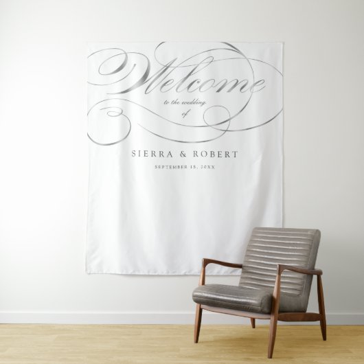 Trouw welkomstbord Elegant Nep Zilver Schrift Wandkleed (In situ)