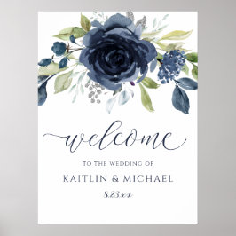 Trouw welkomstbord Navy Blauwe Waterverf Bloemen Poster