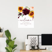Trouw welkomstbord zonnebloemen bordeauxroos poster (Thuiskantoor)