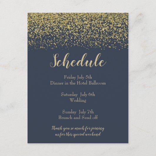 Trouw-welkomsthotelkaart met marineblauw en goud informatiekaartje (Achterkant)