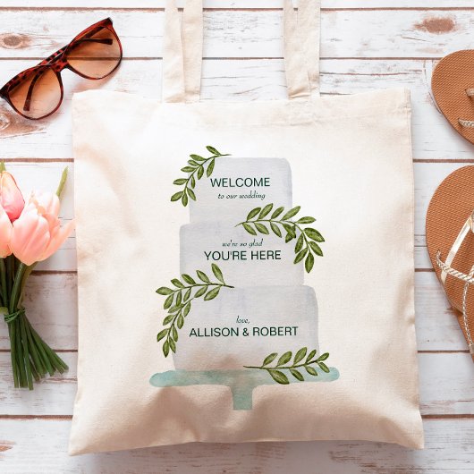 Trouw welkomsttas met cake illustratie tote bag