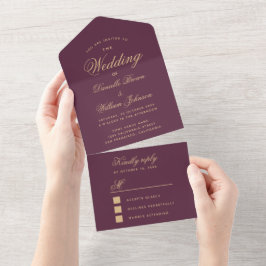 Trouw Wijn Kleur Goud Elegant Script RSVP All In One Uitnodiging