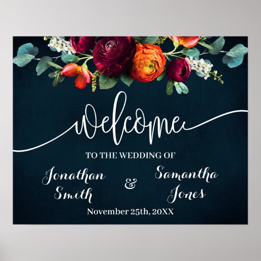 Trouw Wijn Welkom Teken Navy Burgundy Poster (Voorkant)