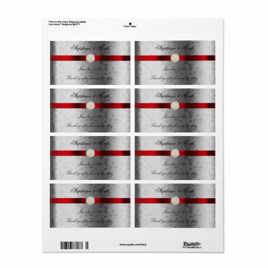 Trouw Wijnlabel met Rode Lint op Zilver Etiket (Full Sheet)