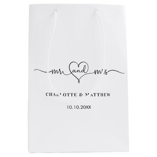 Trouw wit meneer mevrouw hart script  medium cadeauzakje (Voorkant)