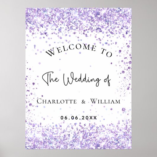 Trouw wit viooltje lavendel glitters welkom poster (Voorkant)