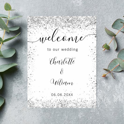 Trouw wit zilveren glitterscript welkom poster