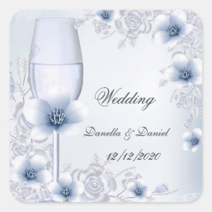 Trouw Zilver Blauw Bloemige Bloesems Rozen Vierkante Sticker