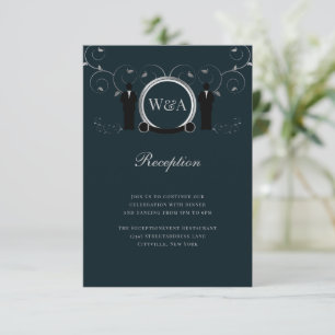 Trouw zilver blauw monogram LGBTQ receptie Informatiekaartje