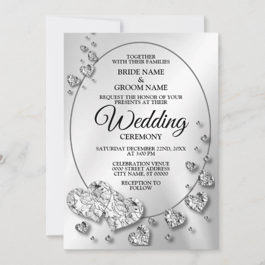 Trouw Zilver Glanzende Harten Geometrisch Elegant Kaart (Voorkant)