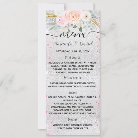 Trouw zilver roze bloemen menu kaart (Voorkant)