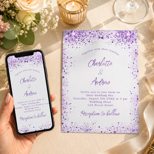 Trouw zilver violette paarse glitters kaart