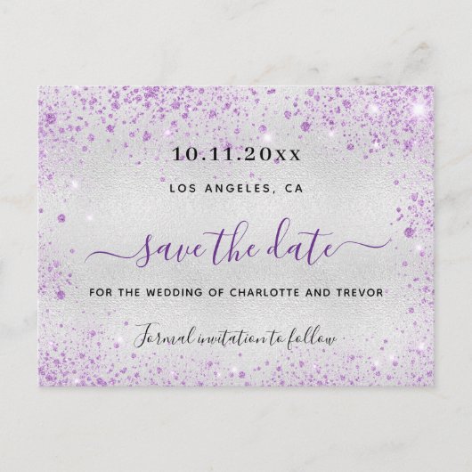 Trouw zilver violette vonken elegante save the dat aankondigingskaart (Voorkant)