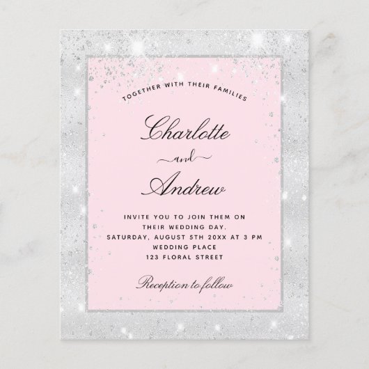 Trouw zilveren roze glitters budget uitnodiging flyer (Voorkant)