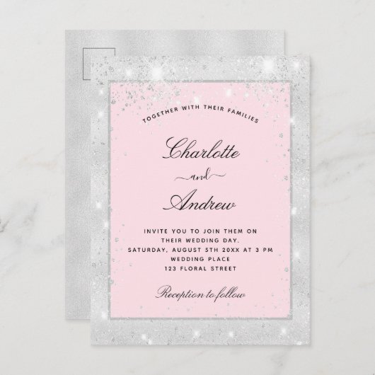 Trouw zilveren roze glitterspul uitnodiging briefkaart (Voorkant / Achterkant)