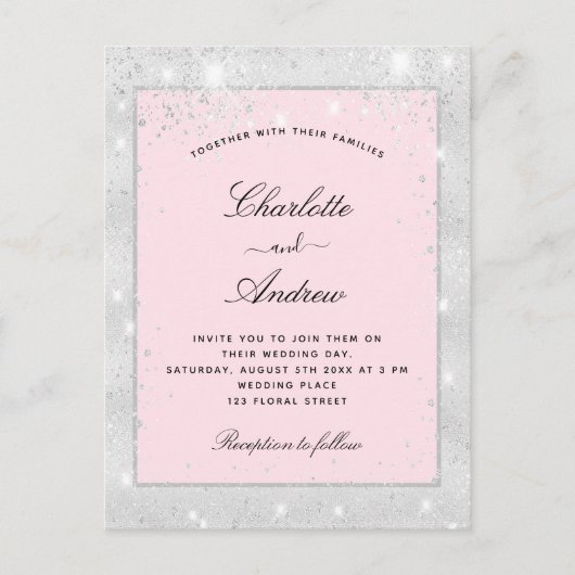Trouw zilveren roze glitterspul uitnodiging briefkaart (Voorkant)