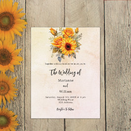 Trouw zonnebloemen rustieke geel uitnodiging briefkaart