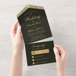 Trouw Zwart Goud Elegante Vintage Bloemrijke Scrip All In One Uitnodiging