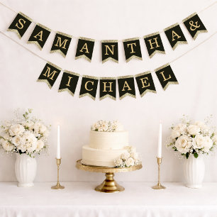 Trouw Zwart Goud Namen Elegante Vintage Bloemstuk  Vlaggetjes