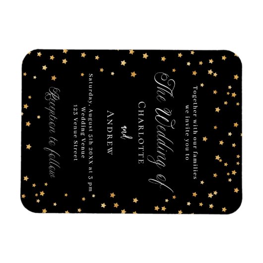 Trouw zwarte gouden sterren elegante script luxe magneet (Horizontaal)