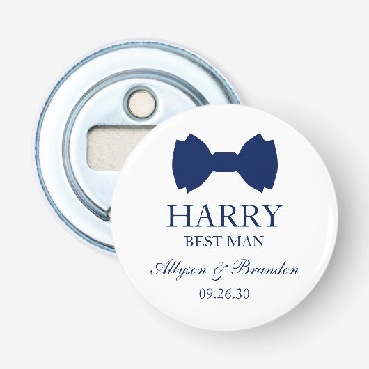 Trouwaccessoire Blauwe Strikdas voor de Getuige Button Flesopener (Voorkant)