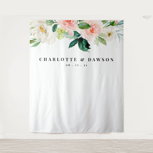 Trouwachtergrond met bloemenroze, fotocabineprop wandkleed (Voorkant)