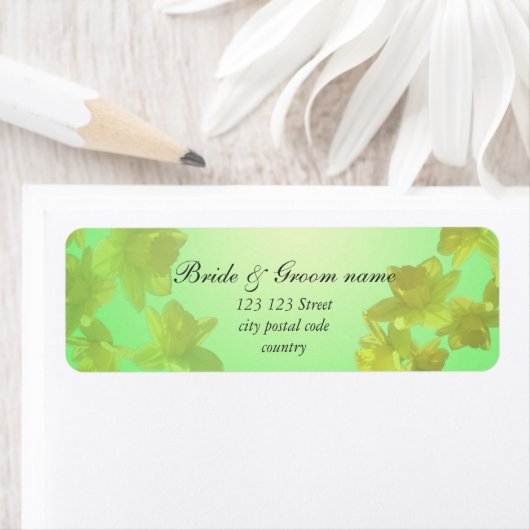 trouwadres, gele tulpbloemen etiket (Insitu)