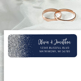 Trouwadres met Navy Blauwe Zilveren Glitters Etiket