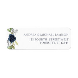 Trouwadres met waterverf bloemen in marineblauw etiket