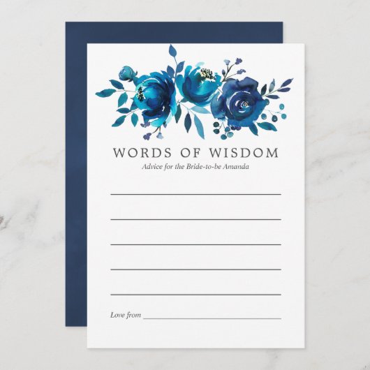 Trouwadvies met waterverf bloemen in navy en wit advieskaart (Voorkant / Achterkant)