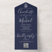 Trouwanker met Navy Blue QR-code Script Nautilus-h All In One Uitnodiging (Binnen)
