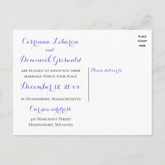 Trouwanker paars Nautisch huwelijk Bruidspaar Stra Aankondigingskaart (Achterkant)