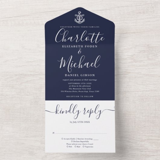 Trouwankers Huwelijk Navyblauw en Wit Schrift All In One Uitnodiging (Binnen)