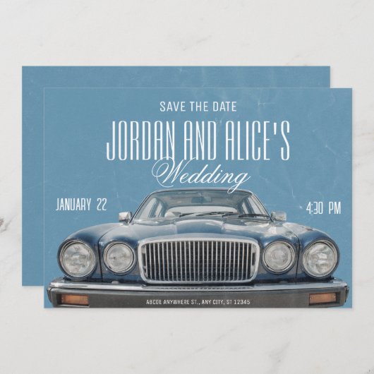 Trouwauto in oldtimer save the date (Voorkant / Achterkant)