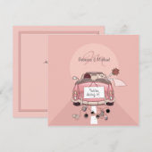 Trouwauto Uitnodigingen Roze voor Bruid & Bruidego (Voorkant / Achterkant)